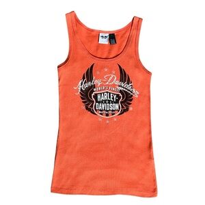 Harley Davidson Bling Rhinestone Orange Ribbed Tank Top Y2K Biker Made in USA L